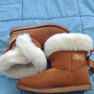 Juicy Couture Chestnut Suede Booties with Cream Shearling Trim